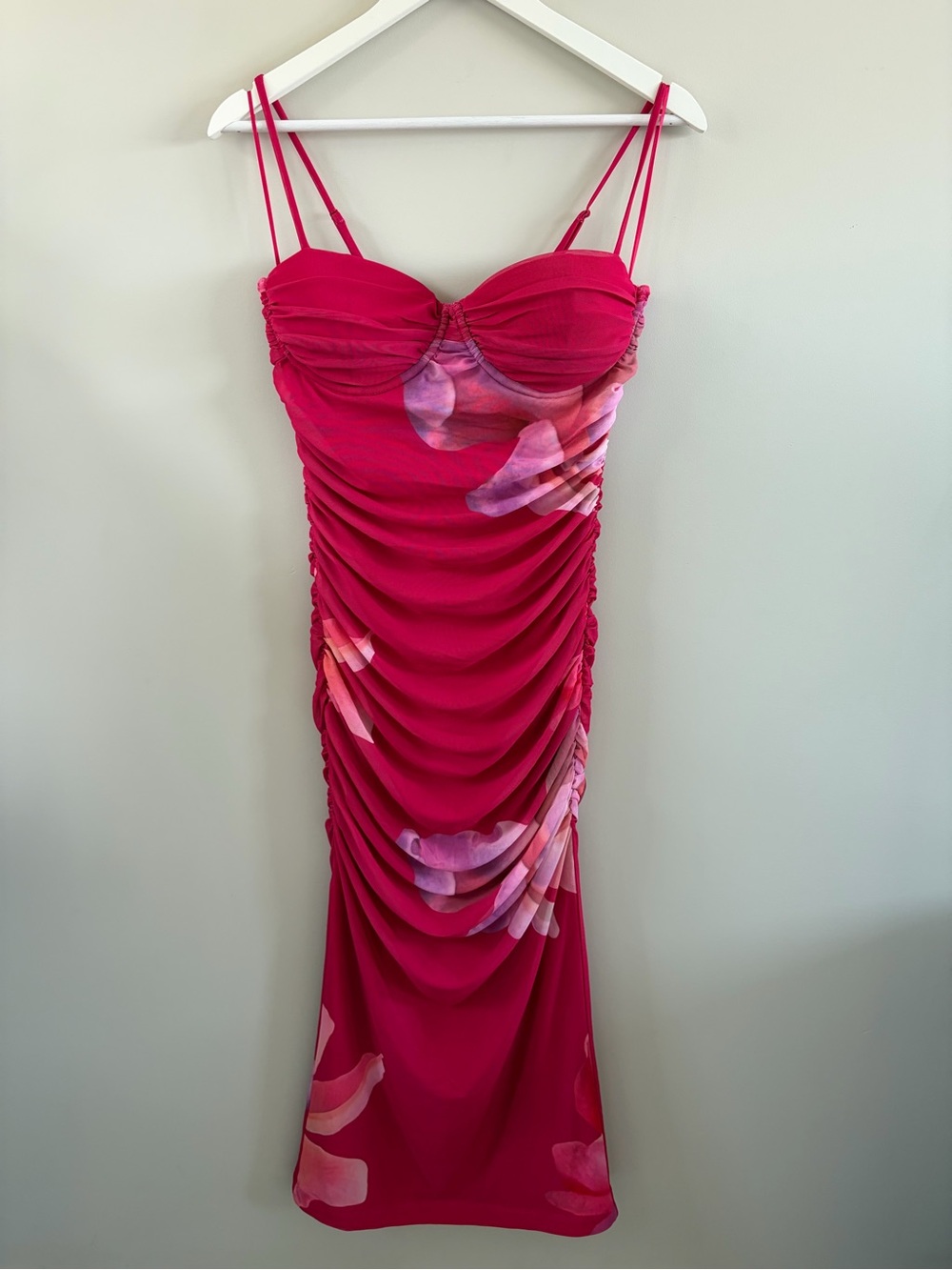Dynamite Hot Pink Floral Ruched Midi Dress